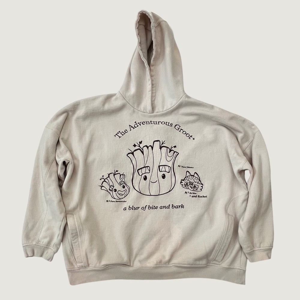 Marvel Hoodie Cream Groot Rocket Graphic Bleach Splatter XL
